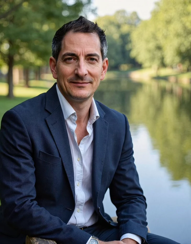 Jason Kitts seated outdoors beside the water